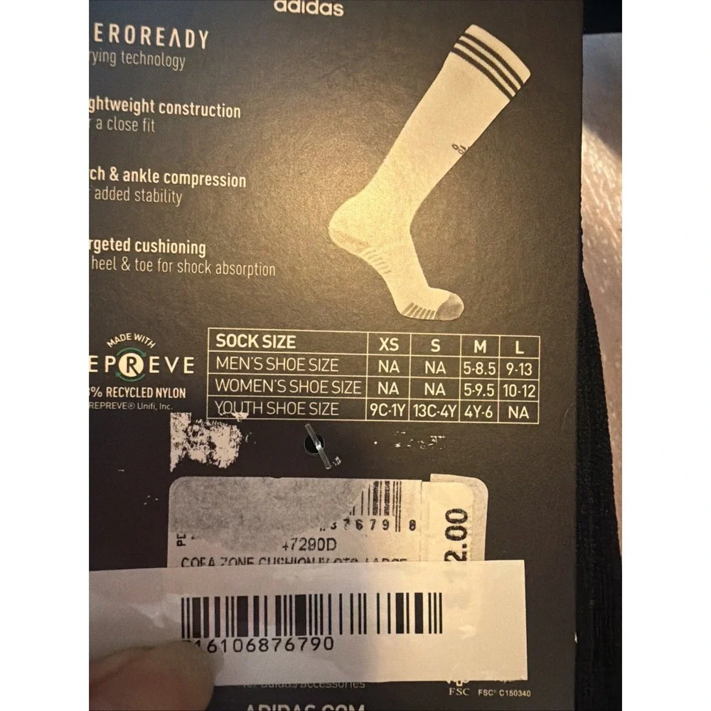 NEW Adidas Soccer Socks Unisex Large  Black/White/Grey Cushioned